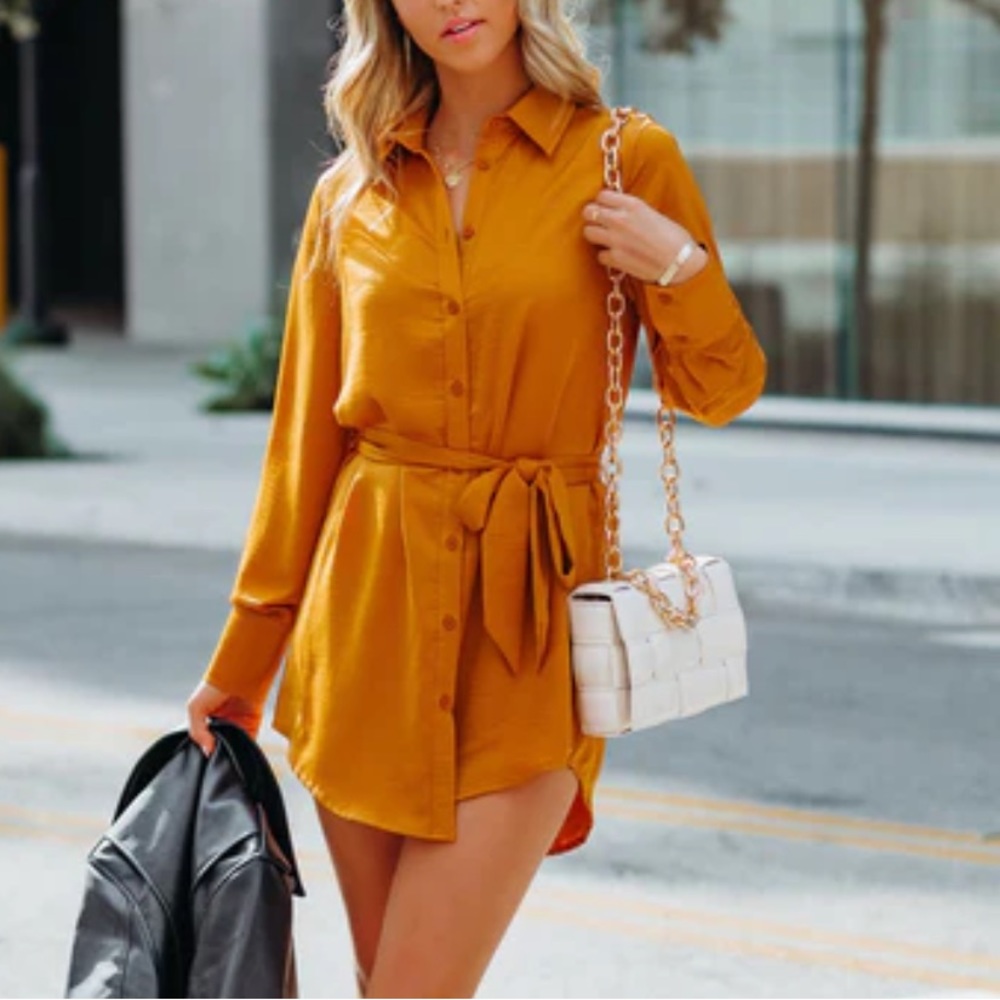 VICI dolls - SATIN BUTTON DOWN COLLARED DRESS - ORANGE MARIGOLD